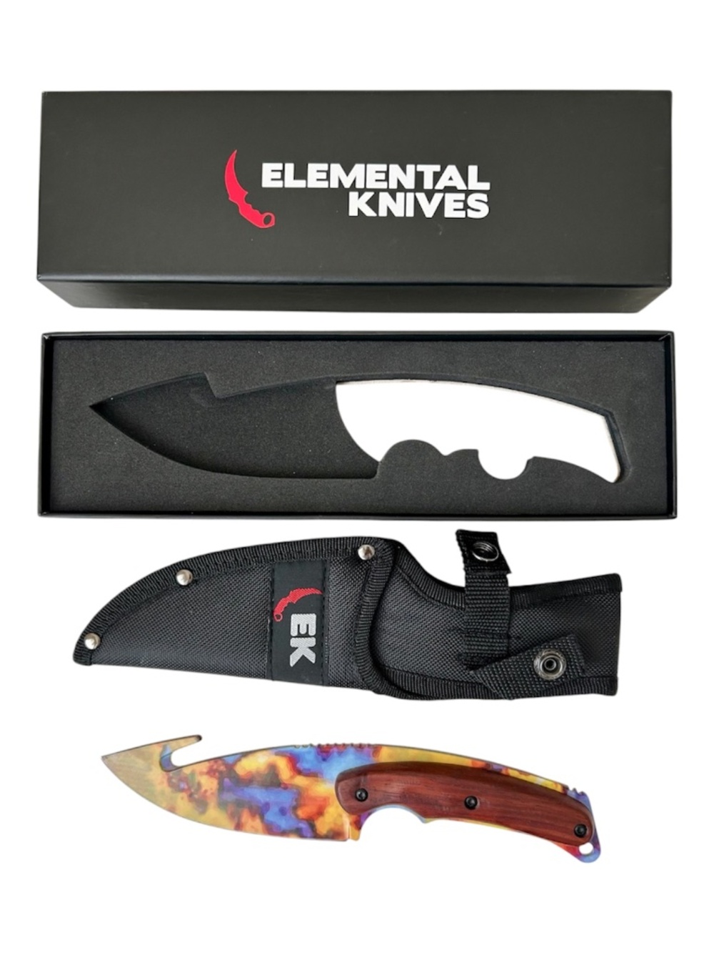 Elemental Knives CSGO CS2 Gut Knife Case Hardened Fixed Blade Wood Sheath Box